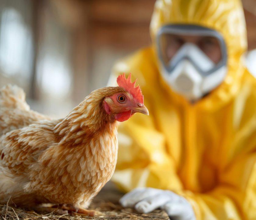 Técnico con equipo de bioseguridad avicola