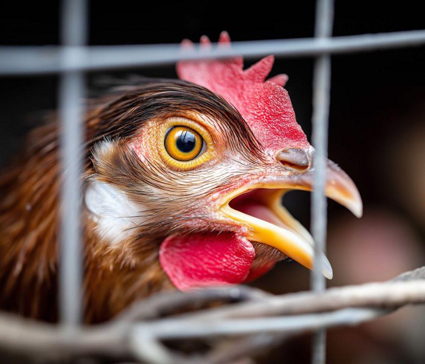 gallina en jaula en galpon