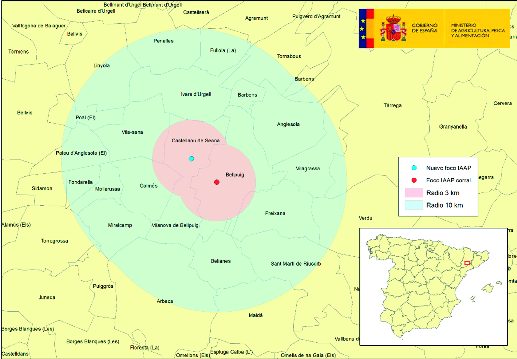 Mapa 1. Localización del nuevo foco IAAP en aves de corral en la provincia de Lleida. 