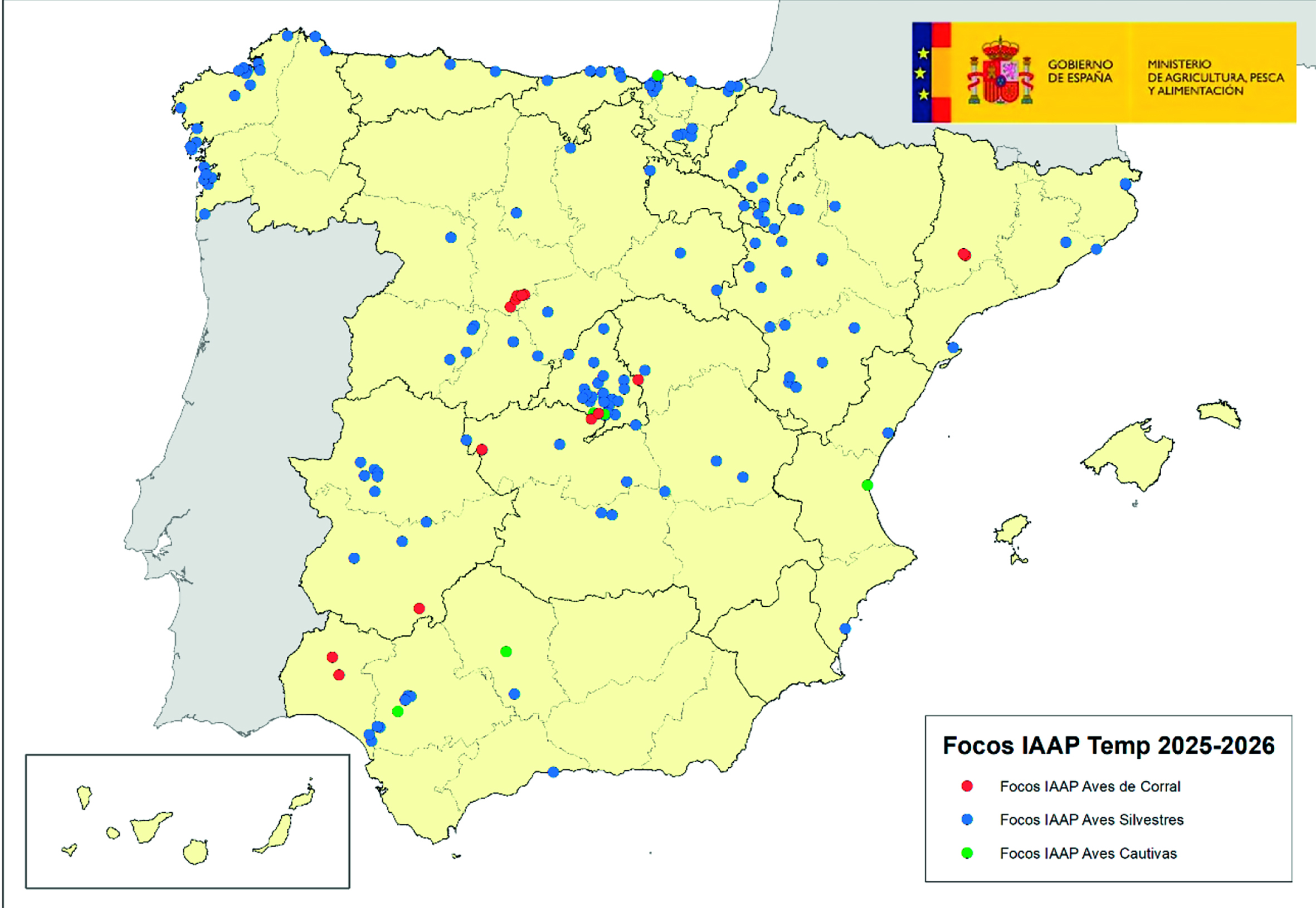 Mapa 2. Localización de focos IAAP en aves silvestres, cautivas y de corral en España durante la temporada 2025-26 (desde 1 de Julio de 2025 hasta ahora) 