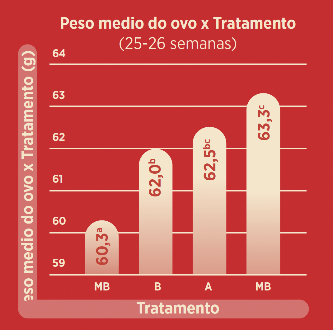 Gráfico 2: Peso médio do ovo em função dos diferentes níveis de aminoácidos (MB, B, A, MA).